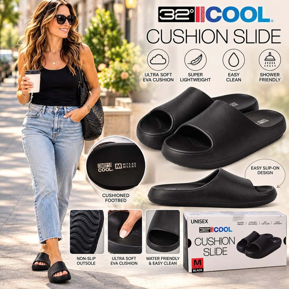 32 Degrees COOL Unisex Cushion Slide Sandals Black Size Medium M 5.5–6.5 W...